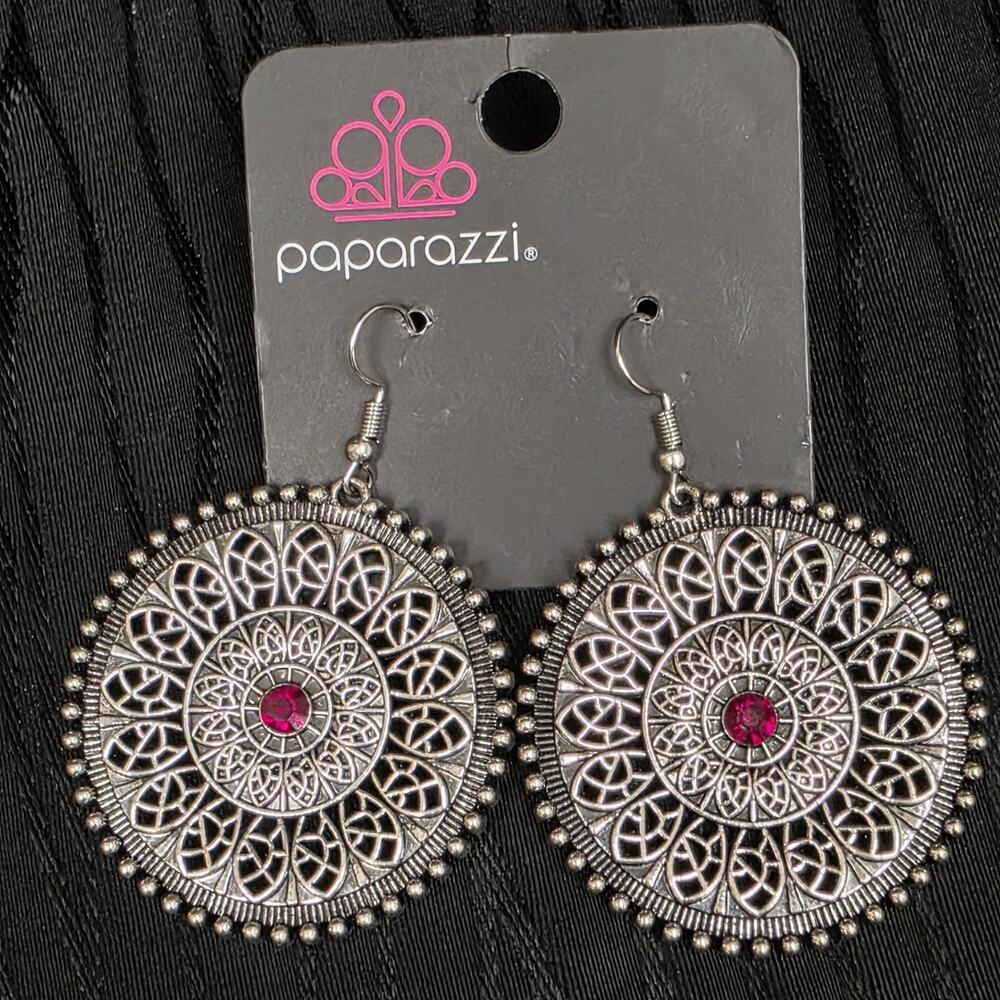 Paparazzi Silver Tone Filigree Dangle Earrings Red Center Medallion Disc NWT